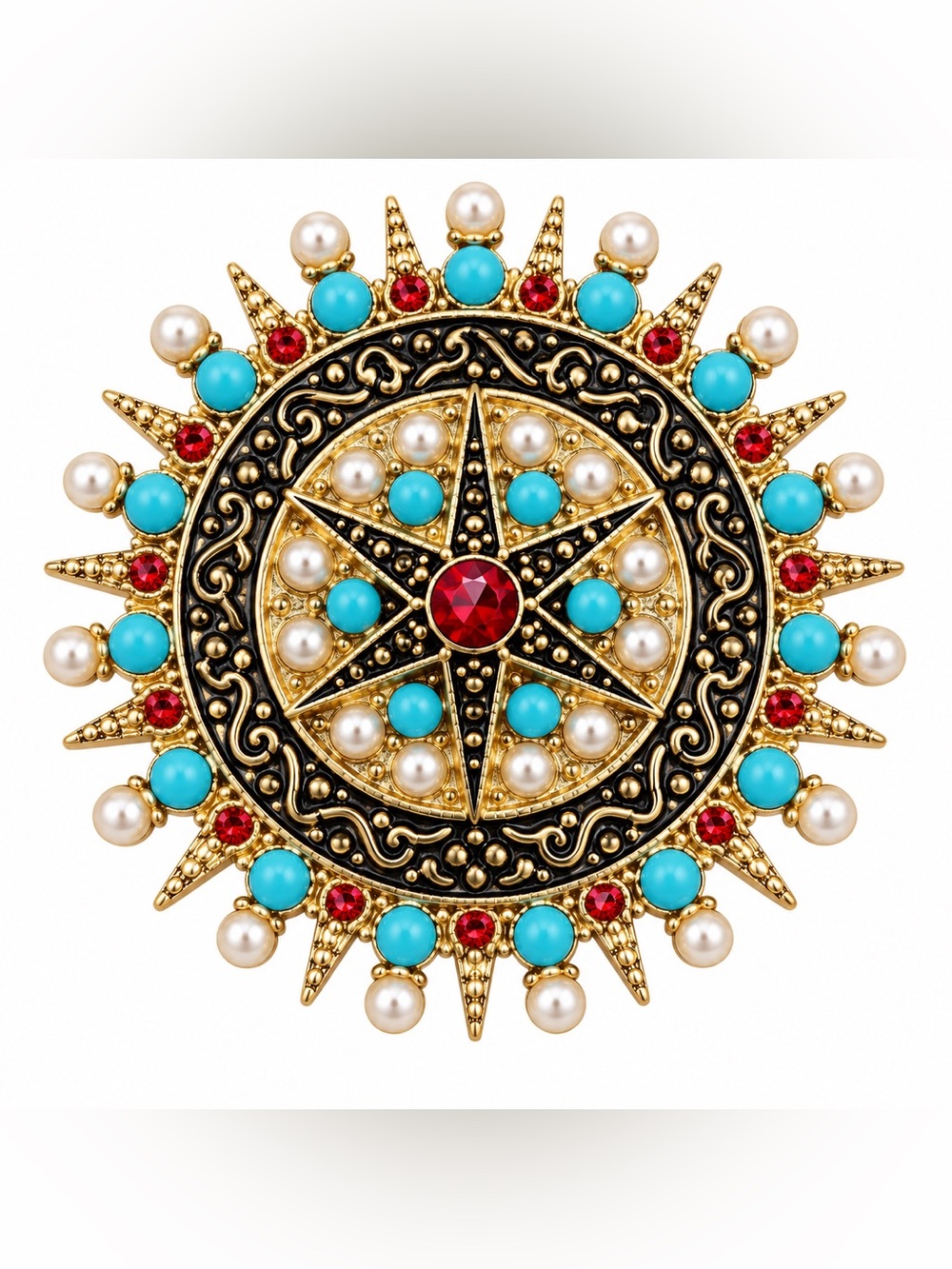 Gold-Tone Turquoise, Pearl & Red Sunburst Broach New 🆕